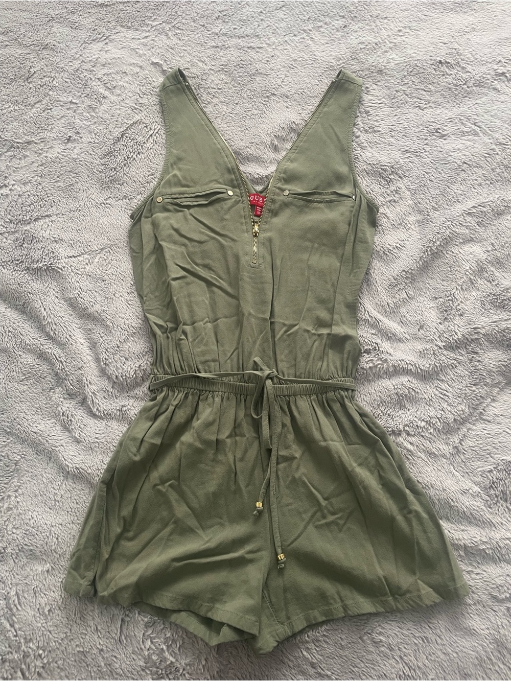 Guess Olive Green Sleeveless Zip Romper with Gold Hardware